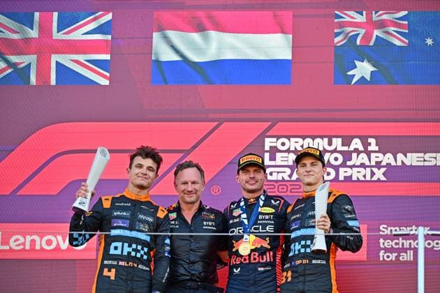 4 Lando Norris (GBR, McLaren F1 Team), Christian Horner (GBR, Oracle Red Bull Racing), 1 Max Verstappen (NLD, Oracle Red Bull Racing), 81 Oscar Piastri (AUS, McLaren F1 Team), F1 Grand Prix of Japan at Suzuka International Racing Course on September 24, 2023 in Suzuka, Japan. (Photo by HOCH ZWEI) Suzuka Japan