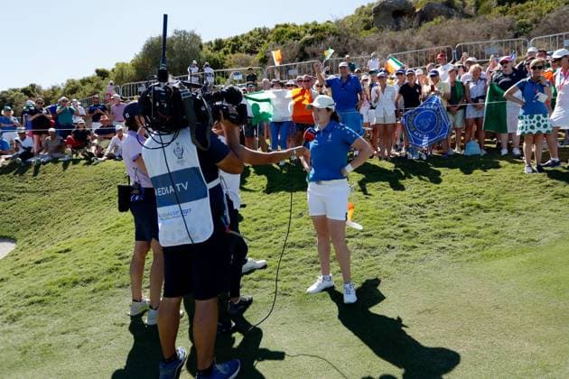 2023 Solheim Cup, Finca Cortesin, Andalucia, Spain 24 9 2023 Leona Maguire Leona Maguire is interviewed after her round 24 9 2023  Copyright: x INPHO MartinxSirasxLimax _MSL8475