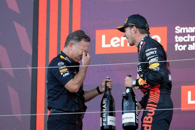 September 24, 2023, Suzuka, Mie Prefecture, Japan: Oracle Red Bull Racing team principal CHRISTAIN HORNER and MAX VERSTAPPEN (NED) of Red Bull Racing 1 celebrates winning the World Constructors Championship at the 2023 Formula 1 Japanese Grand Prix. Suzuka Japan - ZUMAb177 20230924_aap_b177_120 Copyright: xTaidghxBarronx