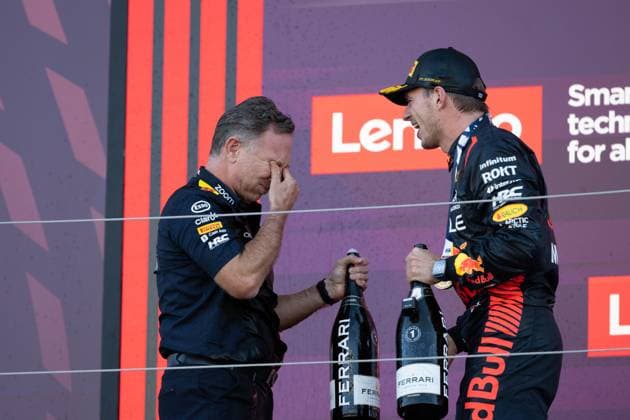 September 24, 2023, Suzuka, Mie Prefecture, Japan: Oracle Red Bull Racing team principal CHRISTAIN HORNER and MAX VERSTAPPEN (NED) of Red Bull Racing 1 celebrates winning the World Constructors Championship at the 2023 Formula 1 Japanese Grand Prix. Suzuka Japan - ZUMAb177 20230924_aap_b177_133 Copyright: xTaidghxBarronx