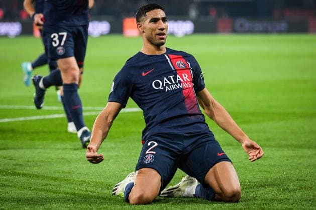September 24, 2023, Paris, France, France: ACHRAF HAKIMI of PSG celebrates his goal during the Ligue 1 match between Paris Saint-Germain (PSG) and Olympique de Marseille (OM) at Parc des Princes Stadium on September 24, 2023 in Paris, France. Paris France - ZUMAm308 20230924_zsp_m308_002 Copyright: xMatthieuxMirvillex