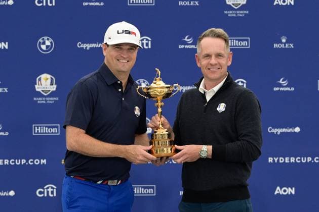 Sport Bilder des Tages Zach Johnson (USA) Luke Donald (ENG) during the USA an Europe Ryder Cup 2023 captains press conference, PK, Pressekonferenz at Marco Simone Golf & Country Club on September 25, 2023 in Rome, Italy.  Copyright: xFabrizioxCorradetti IPAxSportx x xx IPA_40555107 IPA_IPA40555107