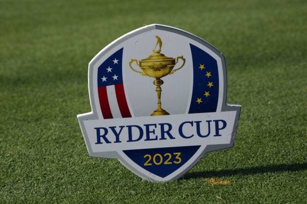 ROME, Italy - 25.09.2023: Official logo on the lawn . Work in progress for the 2023 Ryder Cup in Rome at Marco Simeoni Golf e country club in Rome, Italy.  Copyright: xMarcoxIacobuccix xipa-agency.netx xMarcoxIacobuccix IPA_40560144 IPA_IPA40560144