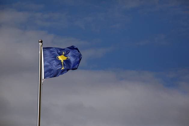 ROME, Italy - 25.09.2023: Official logo on the flag . Work in progress for the 2023 Ryder Cup in Rome at Marco Simeoni Golf e country club in Rome, Italy.  Copyright: xMarcoxIacobuccix xipa-agency.netx xMarcoxIacobuccix IPA_40560148 IPA_IPA40560148