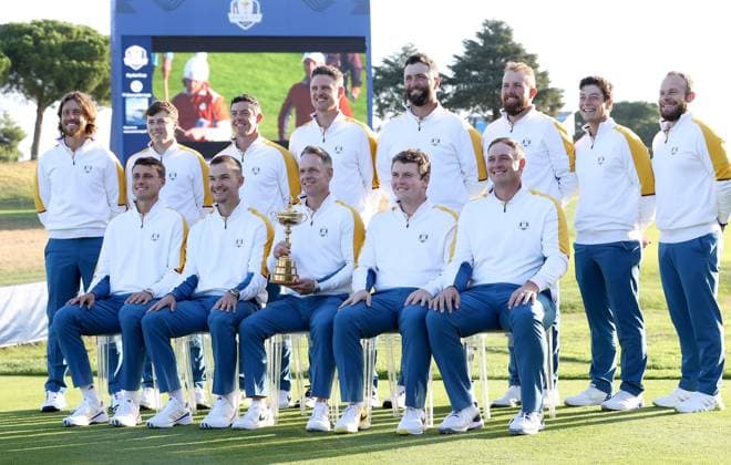 GOLF - Ryder Cup 2023 ROME,ITALY,26.SEP.23 - GOLF - Ryder Cup, preview. Image shows 1.row: Tommy Fleetwood (ENG EUR), Matt Fitzpatrick (ENG EUR), Rory Mcilroy (XI EUR), Ludvig Aberg (SWE EUR), Jon Rahm (ESP EUR), Shane Lowry (IRL EUR), Viktor Hovland (NOR EUR), Tyrell Hatton (ENG EUR). 2nd row: Justin Rose (ENG EUR), Nicolai Hojgaard DEN EUR), team captain Luke Donald, Robert Macintyre (SCO EUR) and Sepp Straka (AUT EUR).  GEPAxpictures xHansxOberlaender