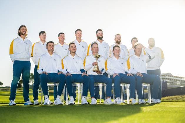 230926 Ludvig Aberg of Team Europe (bottom row furthest to the left), with team mates poses for a picture ahead of a training session during day -3 of the Ryder Cup on September 26, 2023 in Rome. Photo: Mathias Bergeld BILDBYRAN kod MB MB0731 golf ryder cup träning practice training day -3 bbeng Copyright: MATHIASxBERGELD BB230926MB028