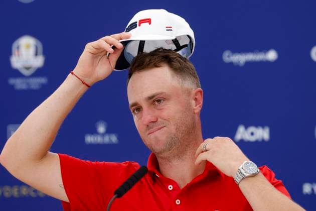 September 26, 2023, ROME, ITALY: US golfer Justin Thomas attends a press conference, PK, Pressekonferenz for the 2023 Ryder Cup golf tournament at Marco Simone Golf Club in Guidonia, near Rome, Italy, 26 September 2023. The 44th Ryder Cup matches between the US and Europe will be held in Italy from 29 September to 01 October 2023.ANSA FABIO FRUSTACI 2023 Ryder Cup golf tournament  - ZUMAa110 20230926_zaf_a110_106 Copyright: xFabioxFrustacix