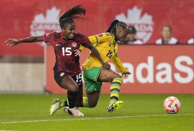 September 26, 2023, Toronto, ON, CANADA: Canada s Nichelle Prince, left, battles Jamaica s Tiffany Cameron for the ball during first half CONCACAF women s championship soccer series match in Toronto on Tuesday Sept. 26, 2023. Canada News - September 26, 2023  - ZUMAc35_ 20230926_zaf_c35_128 Copyright: xNathanxDenettex