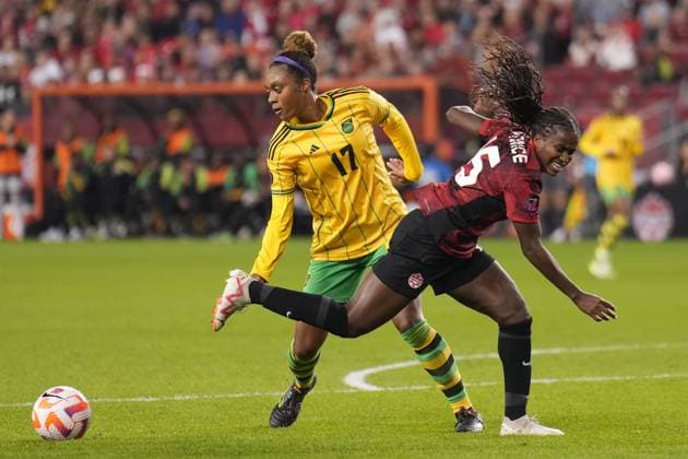 September 26, 2023, Toronto, ON, CANADA: Jamaica s Allyson Swaby, 17, controls the ball as Canada s Nichelle Prince defends during first half CONCACAF women s championship soccer series match in Toronto on Tuesday Sept. 26, 2023. Canada News - September 26, 2023  - ZUMAc35_ 20230926_zaf_c35_135 Copyright: xNathanxDenettex