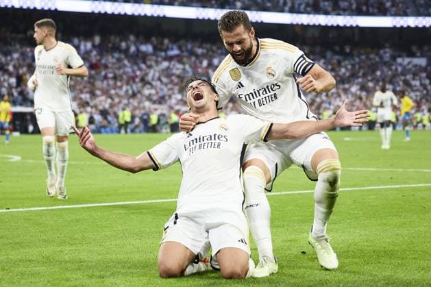 Sport Themen der Woche KW39 Sport Bilder des Tages Brahim Diaz of Real Madrid Cf celebrates his goal during the LaLiga EA Sports match between Real Madrid CF and UD Las Palmas at Santiago Bernabeu in Madrid, Spain, on September 27, 2023. FOOTBALL : Real Madrid vs UD Las Palmas - LaLiga EA Sports - 27 09 2023 AlvaroMedranda Panoramic 