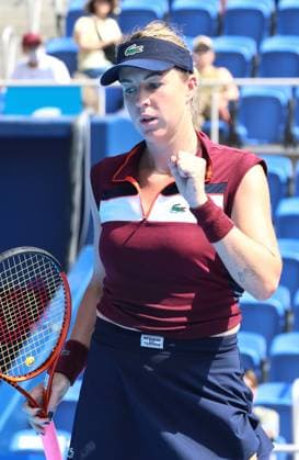 September 28, 2023, Tokyo, Japan - Anastasia Pavlyuchenkova of Russia clinches her fist as she won a key point against Linda Noskova of Czech Republic during the second round match of the Toray Pan Pacific Open tennis tournament at the Ariake Colosseum in Tokyo on Thursday, September 28, 2023. (photo by Yoshio Tsunoda AFLO) Noxthirdxpartyxsales  (0306172765st)