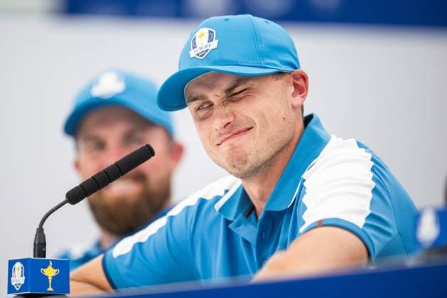 230929 Ludvig Aberg of Team Europe at a press conference, PK, Pressekonferenz during the first round of the Ryder Cup on September 29, 2023 in Rome. Photo: Mathias Bergeld BILDBYRAN kod MB MB0736 golf ryder cup day 1 bbeng round 1 presskonferens press conference Copyright: MATHIASxBERGELD BB230929MB035