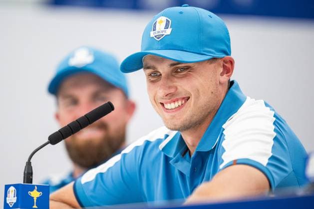 230929 Ludvig Aberg of Team Europe at a press conference, PK, Pressekonferenz during the first round of the Ryder Cup on September 29, 2023 in Rome. Photo: Mathias Bergeld BILDBYRAN kod MB MB0736 golf ryder cup day 1 bbeng round 1 presskonferens press conference Copyright: MATHIASxBERGELD BB230929MB036