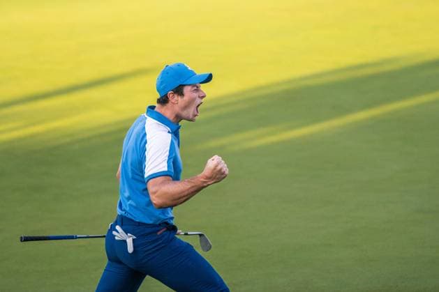 230929 Viktor Hovland of Team Europe celebrates in a foursome match during day one of the Ryder Cup on September 29, 2023 in Rome. Photo: Mathias Bergeld BILDBYRAN kod MB MB0736 golf ryder cup day 1 bbeng round 1 jubel Copyright: MATHIASxBERGELD BB230929MB043