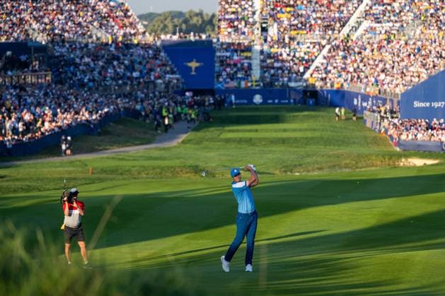 230929 Ludvig Aberg of Team Europe in a foursome match during day one of the Ryder Cup on September 29, 2023 in Rome. Photo: Mathias Bergeld BILDBYRAN kod MB MB0736 golf ryder cup day 1 bbeng round 1 Copyright: MATHIASxBERGELD BB230929MB046