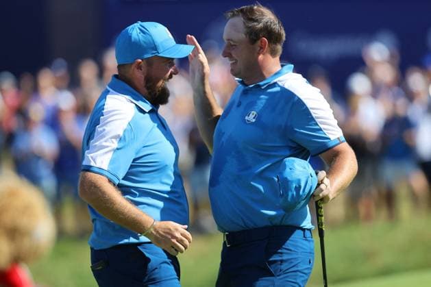 Golf match - Ryder Cup 2023 Rome, Italy 29.09.2023: Shane Lowry of Europe, Sepp Straka of Europe celebrate victory in Foursomes Session at RYDER CUP 2023 at Marco Simone Golf & Country Club di Guidonia Montecelio, Roma Rome Italy  Copyright: xIPAxSport ABACAx BRIPASport20230929_538 IPAxSport ABACAx BRIPASport20230929_538
