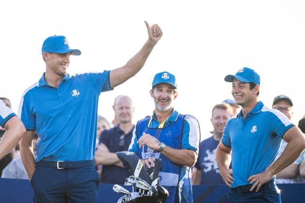 230929 Ludvig Aberg and Viktor Hovland of Team Europe in a foursome match during day one of the Ryder Cup on September 29, 2023 in Rome. Photo: Mathias Bergeld BILDBYRAN kod MB MB0736 golf ryder cup day 1 bbeng round 1 Copyright: MATHIASxBERGELD BB230929MB065