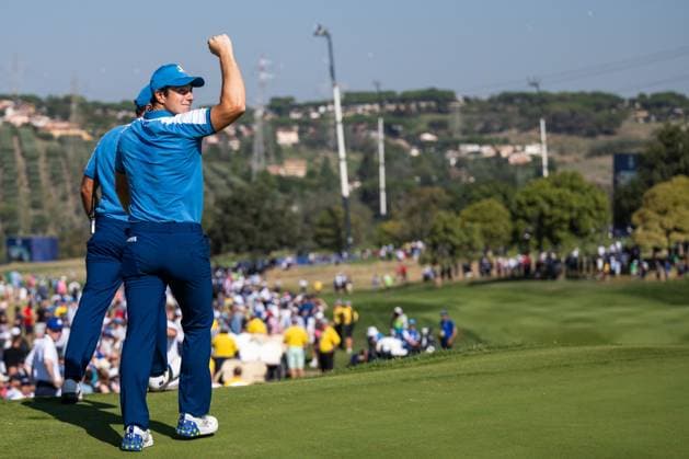 230929 Viktor Hovland of Team Europe celebrates after a foursome match during day one of the Ryder Cup on September 29, 2023 in Rome. Photo: Mathias Bergeld BILDBYRAN kod MB MB0736 golf ryder cup day 1 bbeng round 1 jubel Copyright: MATHIASxBERGELD BB230929MB101