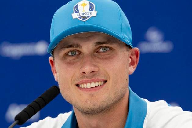 ROM 2023-09-29 Dag 1 Foursome Ludvig pa pressträffen efter matchen. Viktor Hovland Norge och Ludvig Aberg Sverige spelade tillsammans i Foursome och de vann med 4&3 . Foto Christer Höglund TT kod 40750 Rom Italien GOLF x40750x