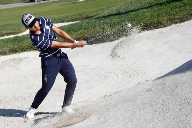 29th September 2023; Marco Simone Golf and Country Club, Guidonia Montecelio, Rome, Italy; The 44th Ryder Cup Matches , Europe versus USA, Day 1; Collin Morikawa splashes out of the bunker  ActionPlus12558605 NaFoto