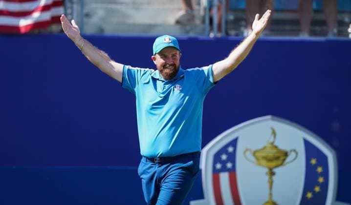 2023 Ryder Cup, Marco Simone Golf and Country Club, Rome, Italy 29 9 2023 Shane Lowry celebrates winning his foursome Shane Lowry celebrates winning his foursome 29 9 2023  Copyright: x INPHO MatteoxCiambellix DSC02005