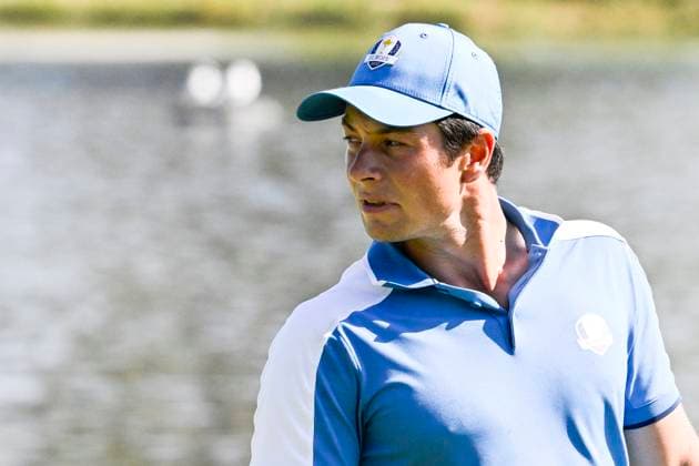 Viktor Hovland of Norway reacts after playing on the 8th hole during the fourball matches of the 2023 Ryder Cup at Marco Simone Golf and Country Club in Rome, (Italy), September 29th, 2023. andreaxstaccioli