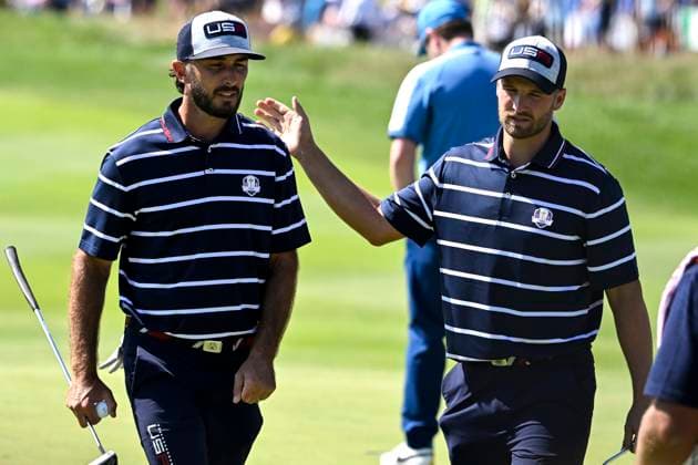 Max Homa and Wyndham Clark of United States react after playing on the first hole during the fourball matches of the 2023 Ryder Cup at Marco Simone Golf and Country Club in Rome, (Italy), September 29th, 2023. andreaxstaccioli