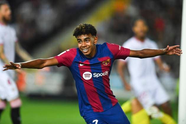 (230930) -- BARCELONA, Sept. 30, 2023 -- Lamine Yamal of FC Barcelona, Barca celebrates a goal during a La Liga football match between FC Barcelona and Sevilla FC in Barcelona, Spain, Sept. 29, 2023. (Photo by Xinhua) (SP)SPAIN-BARCELONA-FOOTBALL-SPANISH LEAGUE-FC BARCELONA VS SEVILLA FC JoanxGosa 