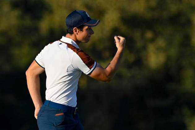 September 30, 2023, ROME, ITALY: Europe s Norwegian golfer Viktor Hovland reacts during the Foursome matches on the second day of the 2023 Ryder Cup golf tournament at Marco Simone Golf Club in Guidonia, near Rome, Italy, 30 September 2023. The 44th Ryder Cup matches between the US and Europe will be held in Italy from 29 September to 01 October 2023. .ANSA RICCARDO ANTIMIANI 2023 Ryder Cup golf tournament  - ZUMAa110 20230930_zaf_a110_019 Copyright: xRiccardoxAntimianix