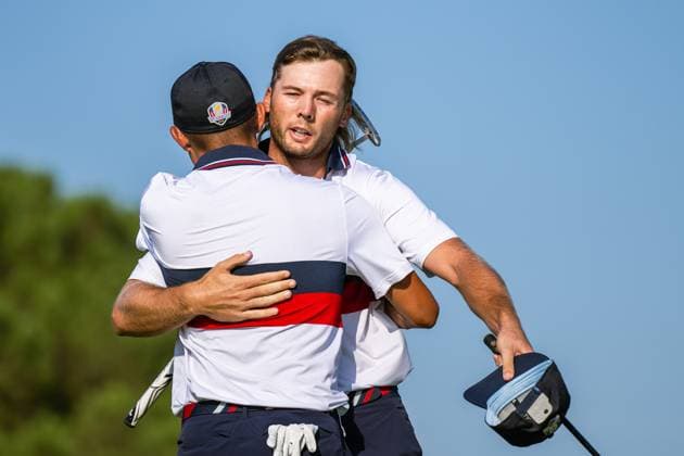 230930 Collin Morikawa and Sam Burns of USA celebrates after a fourball match during day 2 of the Ryder Cup on September 30, 2023 in Rome. Photo: Mathias Bergeld BILDBYRAN kod MB MB0737 golf ryder cup day 2 bbeng foursome jubel Copyright: MATHIASxBERGELD BB230930MB047