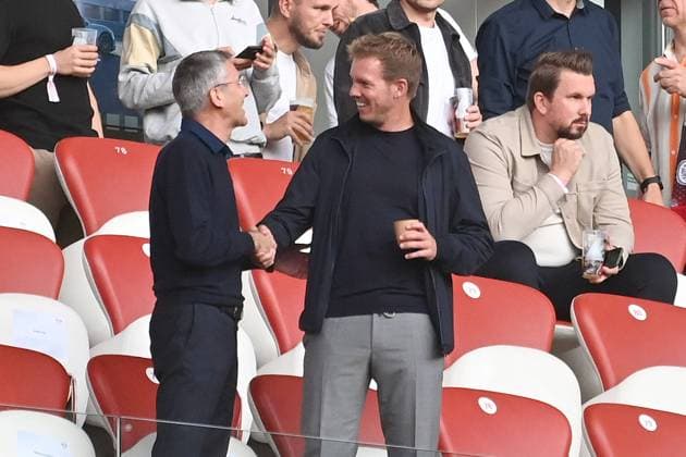 Bundestrainer Julian NAGELSMANN it Herbert HAINER (Praesident Bayern Muenchen) auf der Tribuene.Shake Hands. Fussball 1. Bundesliga Saison 2023 2024, 6.Spieltag, Spieltag06 RB Leipzig - FC Bayern Muenchen am 30.09.2023 , R E D B U L L A R E N A