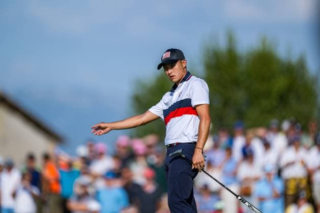 230930 Collin Morikawa of Team USA in a fourball match during day 2 of the Ryder Cup on September 30, 2023 in Rome. Photo: Mathias Bergeld BILDBYRAN kod MB MB0737 golf ryder cup day 2 bbeng foursome Copyright: MATHIASxBERGELD BB230930MB069