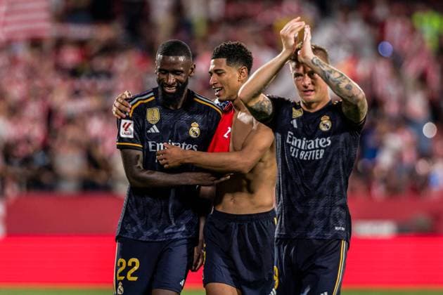 September 30, 2023: Antonio Rudiger, Jude Bellingham and Toni Kroos of Real Madrid celebrate the victory during the Spanish league, La Liga EA Sports, football match played between Girona FC and Real Madrid at Estadi de Montilivi on September 30, 2023 in Girona, Spain. - ZUMAa181 20230930_zaa_a181_167 Copyright: xJavierxBorregox