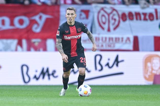 30.09.2023, Fussball, Bundesliga, 6. Spieltag Saison 2023 2024, 1.FSV Mainz 05 - Bayer Leverkusen, Alex Grimaldo (Bayer Leverkusen) xRHR-FOTO TKx Copyright: RHR-FOTOx RHR-FOTO TK