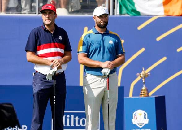 October 1, 2023, Rome: US teams golfer Scottie Scheffler (L) and Europe teams Spanish golfer Jon Rahm (R) during the Single matches on the last day of the 2023 Ryder Cup golf tournament at Marco Simone Golf Club in Guidonia, near Rome, Italy, 1st October 2023. The 44th Ryder Cup matches between the US and Europe will be held in Italy from 29 September to 01 October 2023. ANSA FABIO FRUSTACI 2023 Ryder Cup golf tournament - Single matches  - ZUMAa110 20231001_zaf_a110_007 Copyright: xFabioxFrustacix