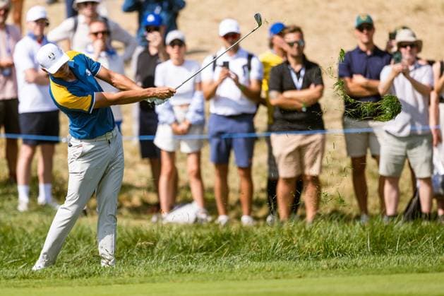 231001 Ludvig Aberg of Team Europe in a singles match during day three of the Ryder Cup on October 1, 2023 in Rome. Photo: Mathias Bergeld BILDBYRAN kod MB MB0738 golf ryder cup day 3 bbeng Copyright: MATHIASxBERGELD BB231001MB015