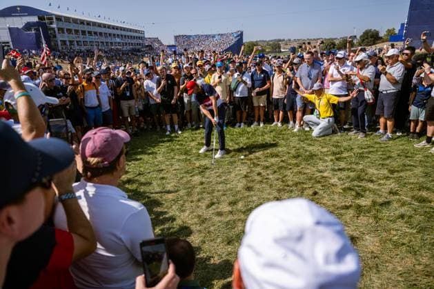 231001 Sam Burns of Team USA in a singles match during day three of the Ryder Cup on October 1, 2023 in Rome. Photo: Mathias Bergeld BILDBYRAN kod MB MB0738 golf ryder cup day 3 bbeng Copyright: MATHIASxBERGELD BB231001MB020