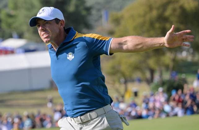 October 1, 2023, Rome: Europe teams golfer English Rory McIlroy celebrates during the Single matches on the last day of the 2023 Ryder Cup golf tournament at Marco Simone Golf Club in Guidonia, near Rome, Italy, 1st October 2023. The 44th Ryder Cup matches between the US and Europe will be held in Italy from 29 September to 01 October 2023. ANSA ETTORE FERRARI 2023 Ryder Cup golf tournament - Single matches  - ZUMAa110 20231001_zaf_a110_059 Copyright: xEttorexFerrarix
