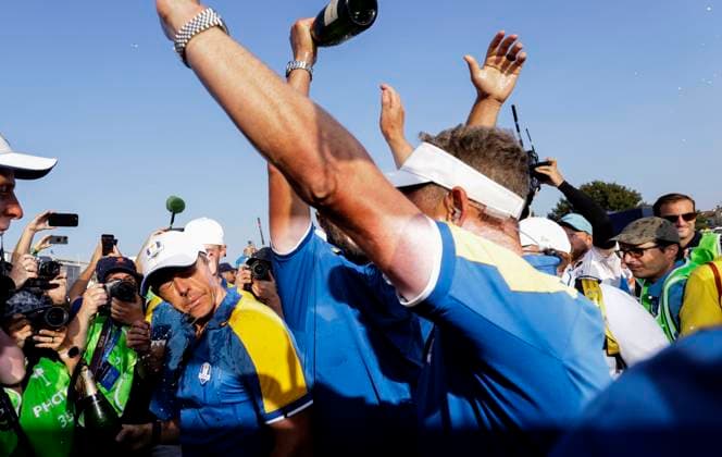 2023 Ryder Cup, Marco Simone Golf and Country Club, Rome, Italy 1 10 2023 Rory McIlroy and Jon Rahm celebrate victory Rory McIlroy and Jon Rahm celebrate victory 1 10 2023  Copyright: x INPHO MatteoxCiambellix _MGL5131