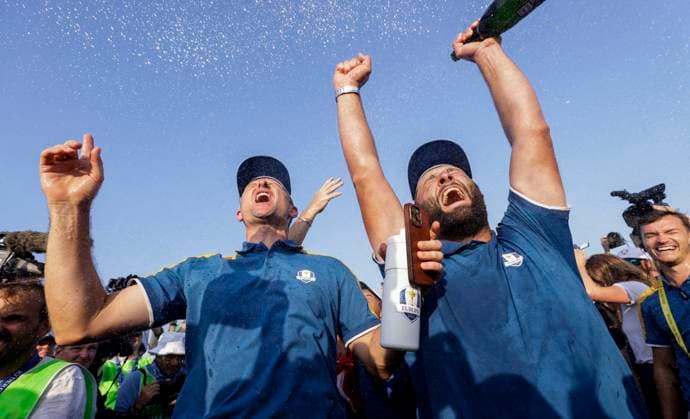 2023 Ryder Cup, Marco Simone Golf and Country Club, Rome, Italy 1 10 2023 Justin Rose and Jon Rahm celebrate victory Justin Rose and Jon Rahm celebrate victory 1 10 2023  Copyright: x INPHO MatteoxCiambellix _MGL5038