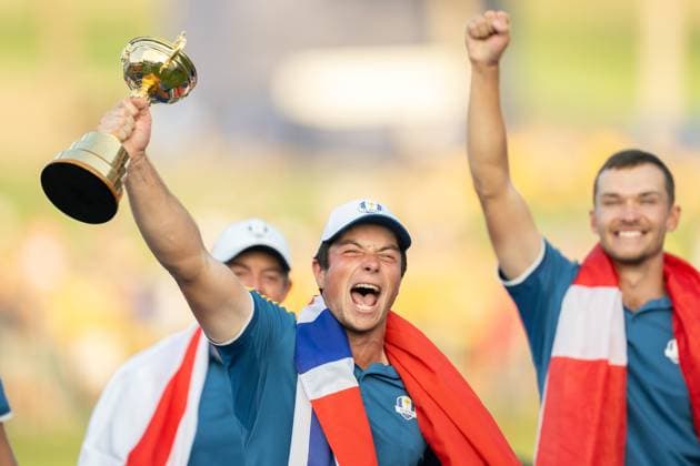 231001 Viktor Hovland of Team Europe celebrates during day three of the Ryder Cup on October 1, 2023 in Rome. Photo: Mathias Bergeld BILDBYRAN kod MB MB0738 golf ryder cup day 3 bbeng celebration jubel Copyright: MATHIASxBERGELD BB231001MB035
