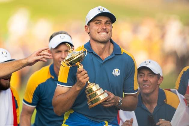 231001 Ludvig Aberg of Team Europe celebrates during day three of the Ryder Cup on October 1, 2023 in Rome. Photo: Mathias Bergeld BILDBYRAN kod MB MB0738 golf ryder cup day 3 bbeng celebration jubel Copyright: MATHIASxBERGELD BB231001MB036