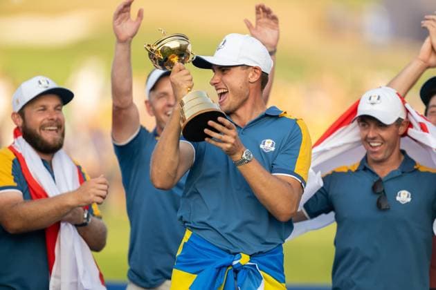 231001 Ludvig Aberg of Team Europe celebrates during day three of the Ryder Cup on October 1, 2023 in Rome. Photo: Mathias Bergeld BILDBYRAN kod MB MB0738 golf ryder cup day 3 bbeng celebration jubel Copyright: MATHIASxBERGELD BB231001MB040