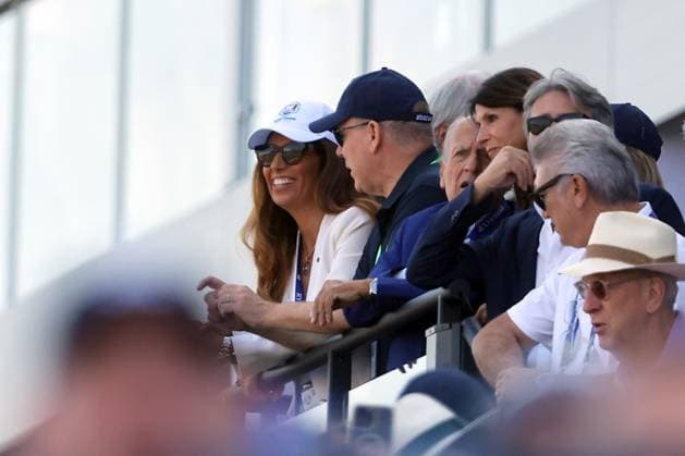 Rome, Italy 01.10.2023: Coni President Giovanni MalagÃ² with Albert II of Monaco and Lavinia Biagiotti on the stand at RYDER CUP 2023 at Marco Simone Golf Country Club di Guidonia Montecelio, Roma  Copyright: xmarcoxiacobuccix xipa-agency.netx xmarcoxiacobuccix IPA_40705033 IPA_IPA40705033