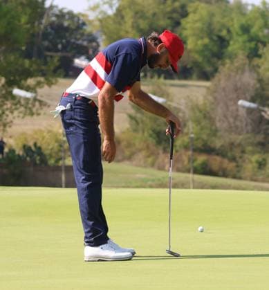 Team USA s Max Home narrowly misses a putt on the 6th green. Europe won the Ryder Cup beating Team USA by fourteen and a half points to ten points on the final day of the Ryder Cup at Marco Simone Golf Club, Rome, Italy on Sunday, October 01, 2023.  LON2023100128 HUGOxPHILPOTT