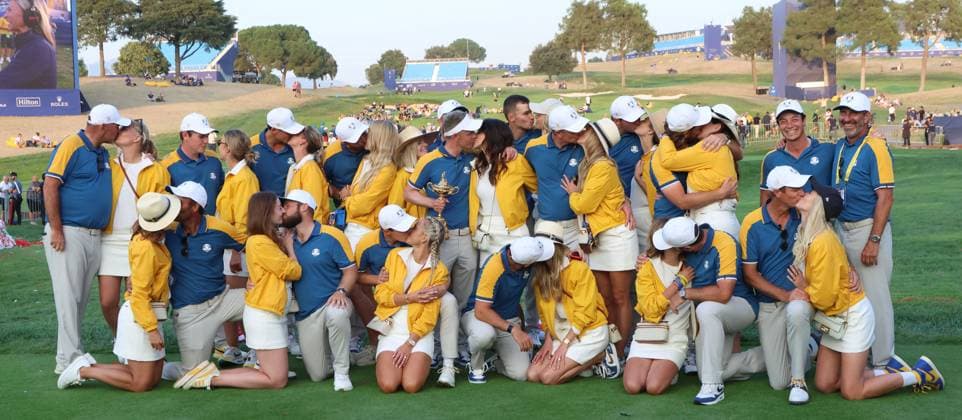 Team Europe and their partners celebrate after winning the Ryder Cup beating Team USA by fourteen and a half points to ten points on the final day of the Ryder Cup at Marco Simone Golf Club, Rome, Italy on Sunday, October 01, 2023.  LON2023100106 HUGOxPHILPOTT