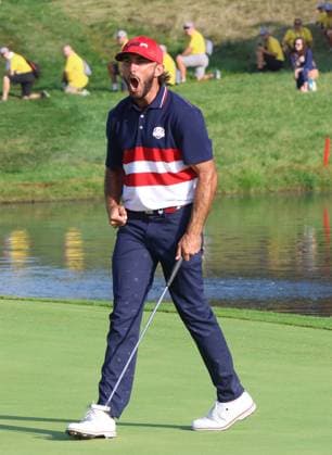 Team Europe s Max Home celebrates winning his match on the 18th green. Europe won the Ryder Cup beating Team USA by fourteen and a half points to ten points on the final day of the Ryder Cup at Marco Simone Golf Club, Rome, Italy on Sunday, October 01, 2023.  LON2023100147 HUGOxPHILPOTT