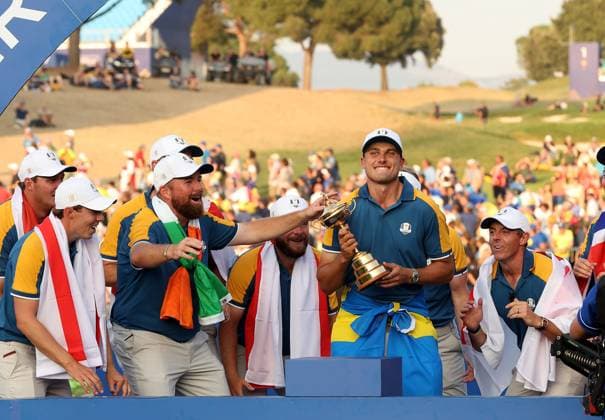 GOLF - Ryder Cup 2023 ROME,ITALY,01.OCT.23 - GOLF - Ryder Cup, Marco Simone Golf and Country Club. Image shows Sepp Straka (AUT EUR), Matt Fitzpatrick (ENG EUR), Shane Lowry (IRL EUR), Ludvig Aberg (SWE EUR) and Rory McIlroy (NIR EUR).  GEPAxpictures xHansxOberlaender