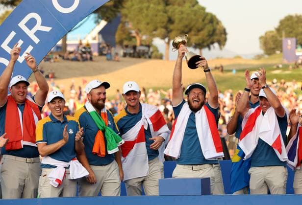 GOLF - Ryder Cup 2023 ROME,ITALY,01.OCT.23 - GOLF - Ryder Cup, Marco Simone Golf and Country Club. Image shows Sepp Straka (AUT EUR), Matt Fitzpatrick (ENG EUR), Shane Lowry (IRL EUR), Justin Rose (ENG EUR), Tyrell Hatton (ENG EUR), Ludvig Aberg (SWE EUR) and Rory McIlroy (NIR EUR).  GEPAxpictures xHansxOberlaender