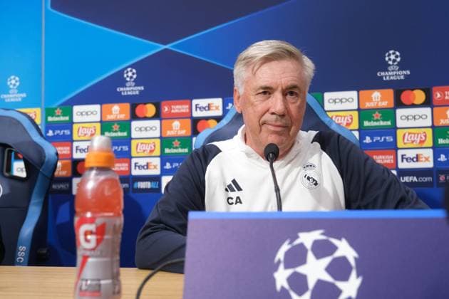 Italy: press conference, PK, Pressekonferenz Real Madrid CL Real Madrid s italian coach Carlo Ancelotti during press conference Real Madrid before UEFA Champions League match against SSC Napoli at the Diego Armando Maradona stadium October 02, 2023, in Naples, Italy. DSCF9222 Copyright: xAntonioxBalascox